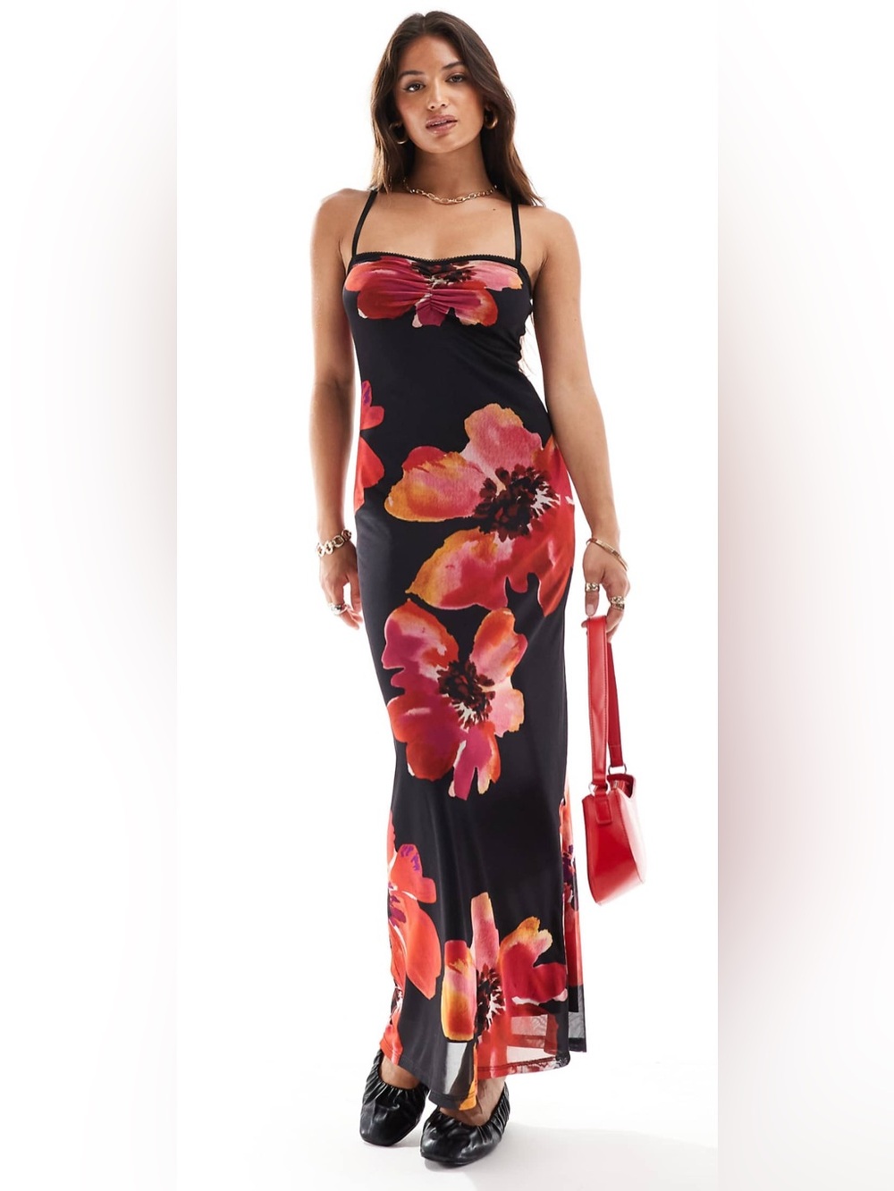 ASOS DESIGN Peekaboo Mesh Midaxi Dress in Oversized Floral Print Size 4